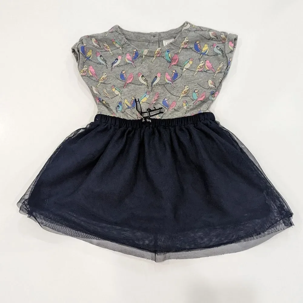 Baby Gap Bird Gray Blue Tulle Short Sleeve Spring Summer Dress Girl Size 18-24mo